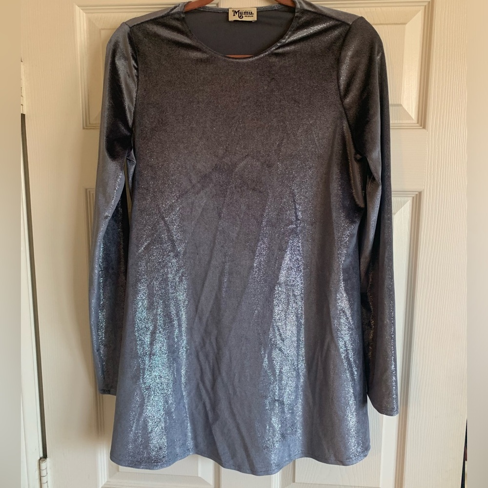 Blue metallic velvet long sleeve babydoll mini dress